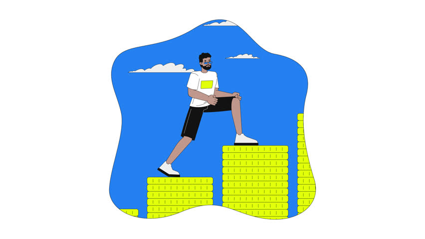 A lot of savings 2D onboarding ui animation. Black man climbing stacks of coins toward success. Capitalist stepping confidently up animated cartoon flat concept, app intro 4K video isolated on white