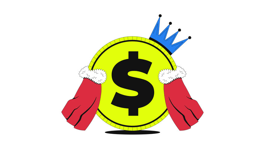 Main currency 2D onboarding ui animation. Royal dollar coin with cape and crown. Money power, leadership royalty. Financial king animated cartoon flat concept, app intro 4K video isolated on white