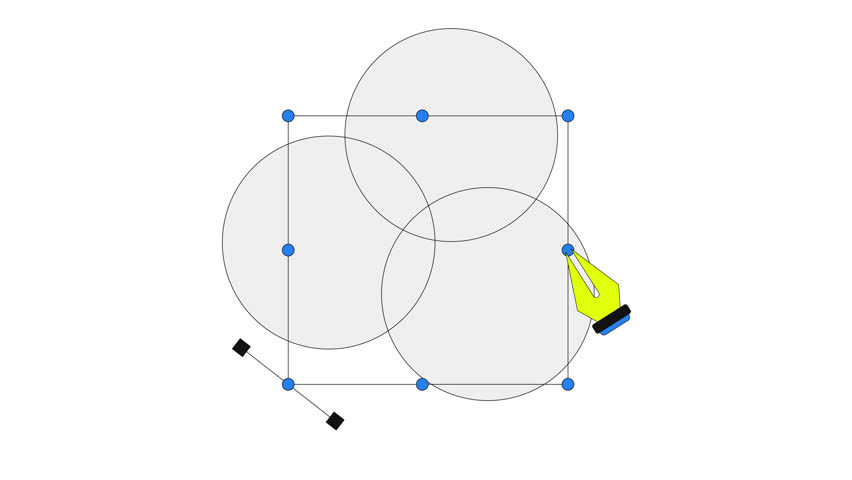 Graphic design process in RGB 2D onboarding ui animation. Overlapping circles in bounding boxes with pen tool. Vector editing animated cartoon flat concept, app intro 4K video isolated on white