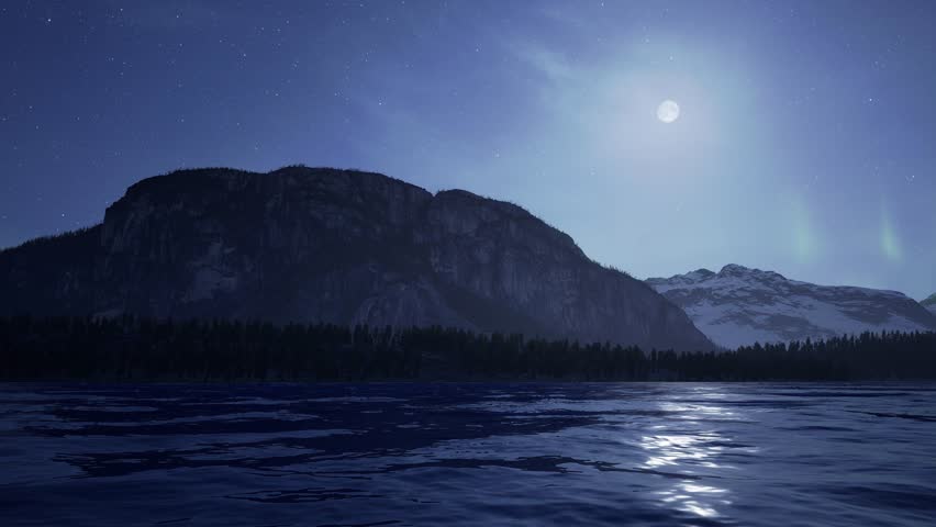 Stunning 3D Rendered Night Landscape with Glowing Moon, Mountains, Lake, and Aurora Borealis