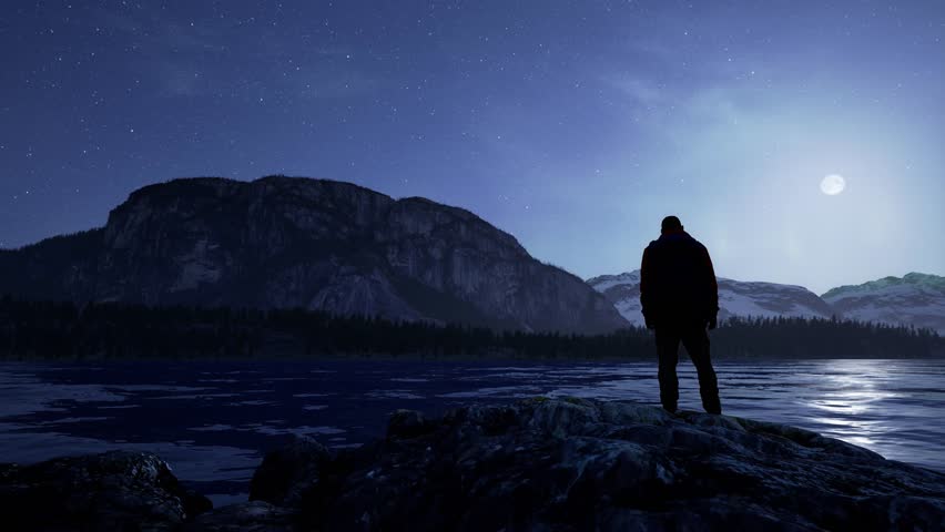 Lonely Figure Gazing at Majestic Mountains and Northern Lights Under a Full Moon Night