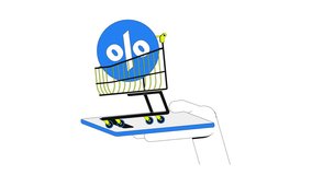 Online sale 2D onboarding ui animation. Digital discount shopping cart rolling wheels on smartphone. Ecommerce trolley with percentage sign mobile animated cartoon flat concept, app intro 4K video - Powered by Shutterstock - Get 15% off with code: PIKWIZARD15