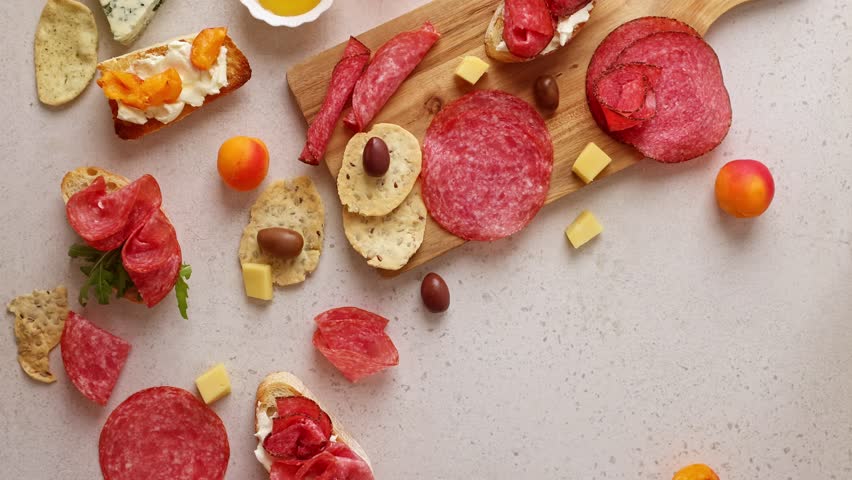 Summer picnic brunch board with Italian salami, artisan bread, creamy soft cheese, olives, apricots, grapes, and orange juice on a bright table, cheerful daylight