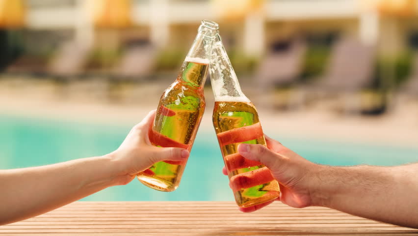 Opening open Beer cheers Celebration concept - close up hands holding up glasses of beer of people group in outdoor party during their victory competition or successful task meeting vacation
