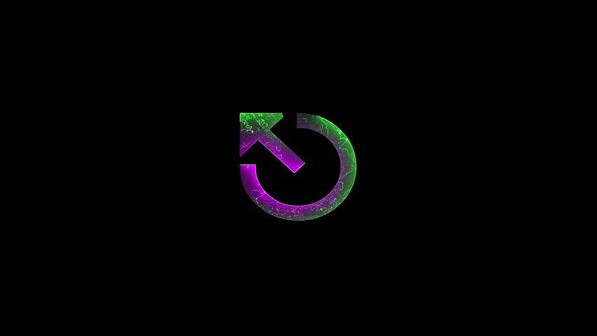 Neon sign in the shape of a refresh or retry icon an two color arrow pointing saber animation on black background.