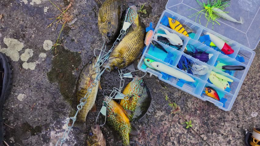 Panfish catch during family leisure water sport fishing in summer holidays. Freshwater Bluegill Sun fish, Pumpkinseed, rock bass and Smallmouth Bass, Smallie, on the chain, active recreation camping.