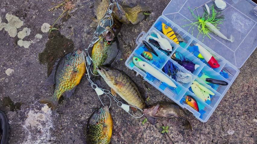 Panfish catch during family leisure water sport fishing in summer holidays. Freshwater Bluegill Sun fish, Pumpkinseed, rock bass and Smallmouth Bass, Smallie, on the chain, active recreation camping.