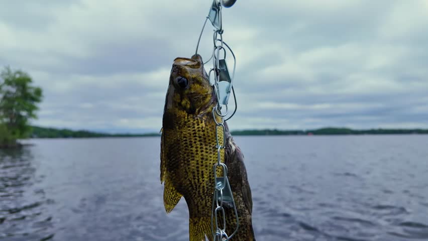 Panfish catch during family leisure water sport fishing in summer holidays. Freshwater Bluegill Sun fish, Pumpkinseed, rock bass and Smallmouth Bass, Smallie, on the chain, active recreation camping.