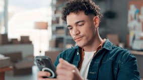 Logistics, phone and happy with man in warehouse for delivery schedule, shipping and online order. Eta tracking, email confirmation and supply chain invoice with person in small business for cargo - Powered by Shutterstock - Get 15% off with code: PIKWIZARD15