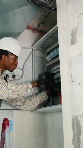 Electrician installing surge protector in electrical panel