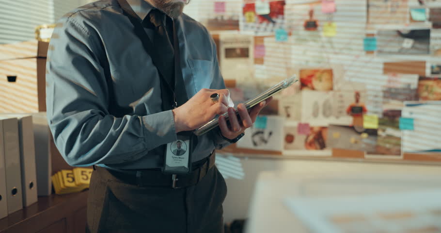 Detective, tablet and hands with man in office for police records, evidence board and mind map. Crime investigation, criminal database and case links with person in precinct for murder clues research
