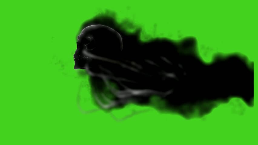 Animated skull with black smoke on green screen. Spooky Halloween VFX element. Chroma key, seamless loop