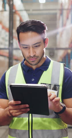 Logistics, man or counting inventory with tablet for stock records, distribution or quality control. Shipping, inspector and digital checklist in warehouse for supply chain, cargo inspection or flare