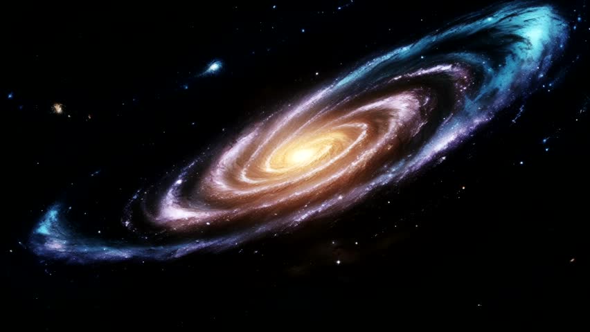 a beautiful and majestic spiral galaxy, spinning amidst the vast darkness of space. The galaxy's core shines brightly with golden light, surrounded by spiral arms that stretch far into space
