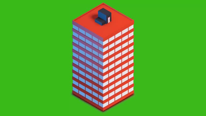 3D isometric skyscraper animation on green screen. Perfect for architecture, cityscapes, or real estate videos. Easy chroma keying