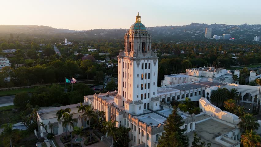 Sunset Aerial of Beverly Hills City Hall Dome, July 1, 2025