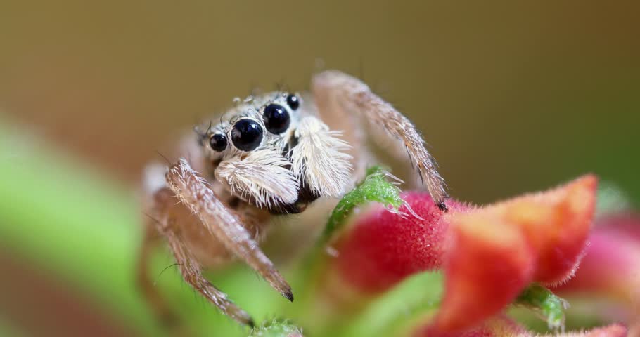 Jumping spider. A detailed movie of a cute spider. Colorful natural background.