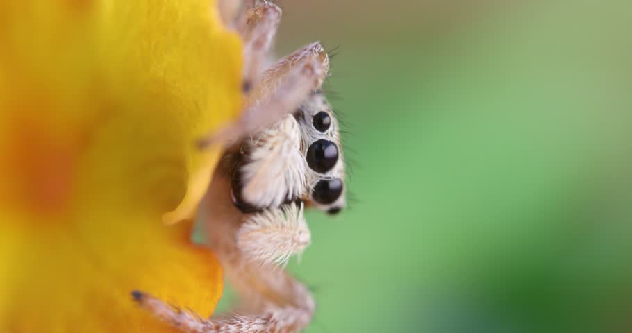 Jumping spider. A detailed movie of a cute spider. Colorful natural background.