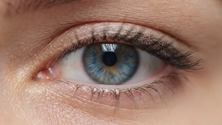 An extreme close-up macro shot of a blue female human eye blinking and looking around. Detailed view of the iris and pupil.