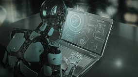 Robot using laptop with holographic interface, analyzing data - Powered by Shutterstock - Get 15% off with code: PIKWIZARD15