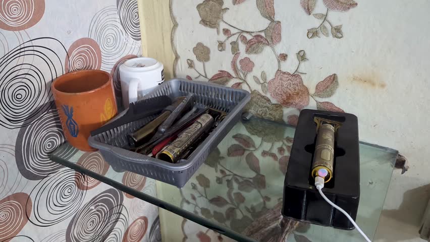 Men beauty and health concept. Various shaving and bauty care accessories placed on the basket. a village barber shop in Pakistan.