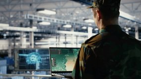 Military engineer in data center tracking satellite coordinates using laptop interface. Soldier in server room analyzing reconnaissance data through satellite imaging systems, camera B - Powered by Shutterstock - Get 15% off with code: PIKWIZARD15