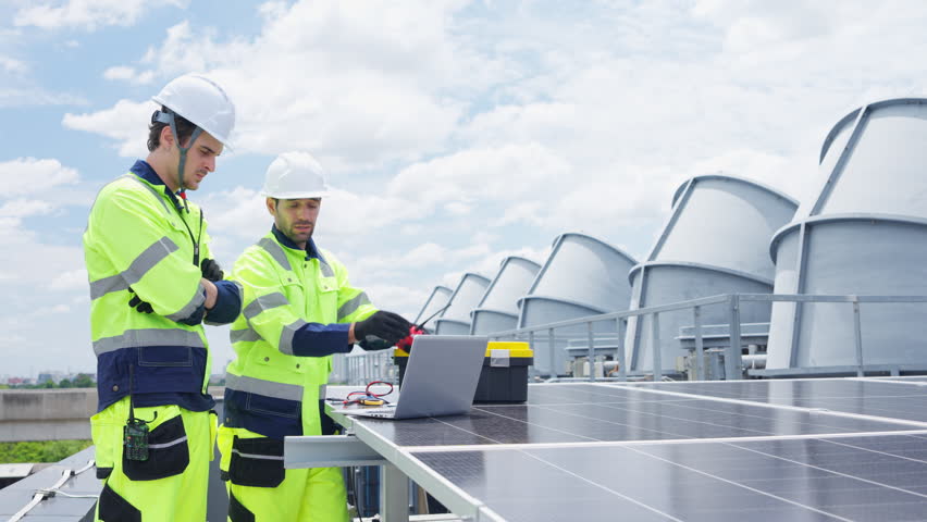 Solar cell, electricity alternative renewable clean energy for environmental conservation, sustainability technology. Male engineer maintaining solar panel system on infrastructure building rooftop.
