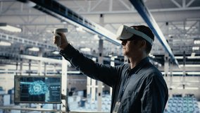 Data center system administrator uses virtual reality tech, improving AI rigs processing speed. Man in server farm wearing VR goggles to provide support for artificial intelligence workloads, camera B - Powered by Shutterstock - Get 15% off with code: PIKWIZARD15