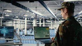 Army specialist in data center integrating AI into radar systems for missile tracking. Military soldier in server room analyzing aerial movement through artificial intelligence systems, camera A - Powered by Shutterstock - Get 15% off with code: PIKWIZARD15