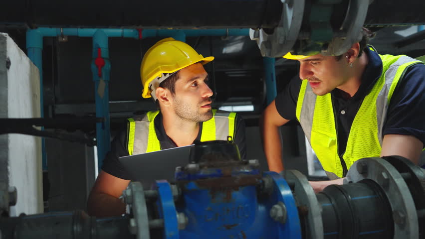 Industrial engineer teamwork working maintenance building exterior cooling systems. Male technician worker in safety uniform working and inspect pipeline valves air HVAC systems at construction site