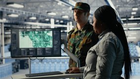 Team of military specialists in data center looking at world map on screen, coordinating mission zones. Army colleagues in server hub looking at global map to plan battlefield operations, camera B - Powered by Shutterstock - Get 15% off with code: PIKWIZARD15