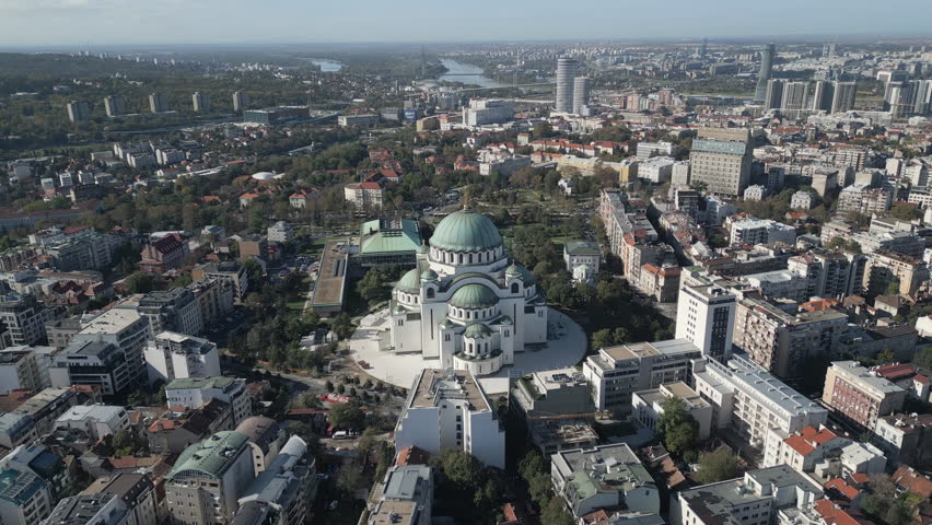 Panoramic view of of Belgrade, the Serbian capital city. Aerial video, flying forwards.