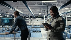 Data center system administrator uses AI on tablet to help customers resolve website hosting problems. African american woman in server farm helps users keep online services running smoothly, camera A - Powered by Shutterstock - Get 15% off with code: PIKWIZARD15