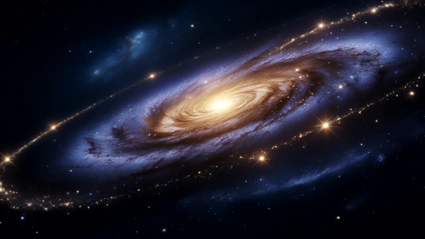 A magnificent spiral galaxy in the darkness of space. At its center is a bulge that shines very brightly with a golden yellow hue.