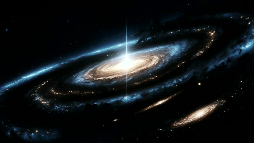 A magnificent and luminous spiral galaxy. At its center, the galactic nucleus shines brightly with a golden white light.