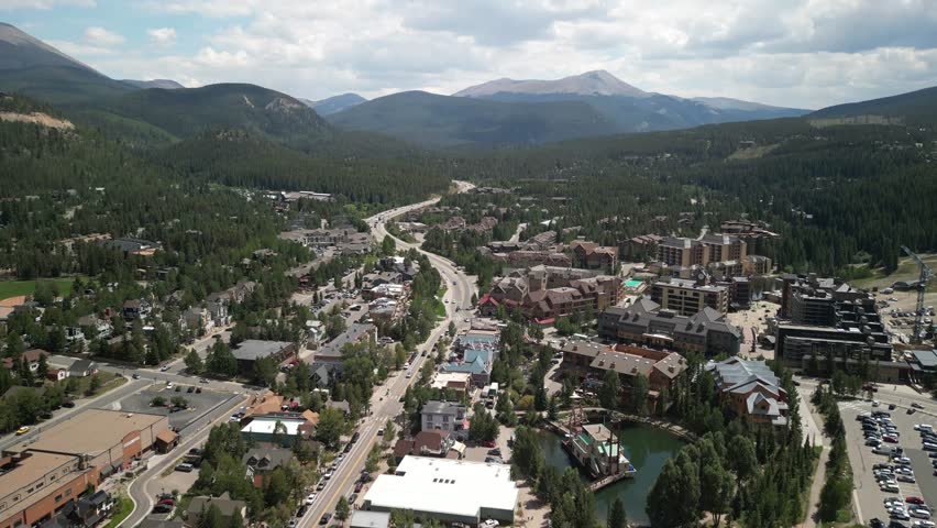 Aerial above Breckenridge Colorado ski village in summer