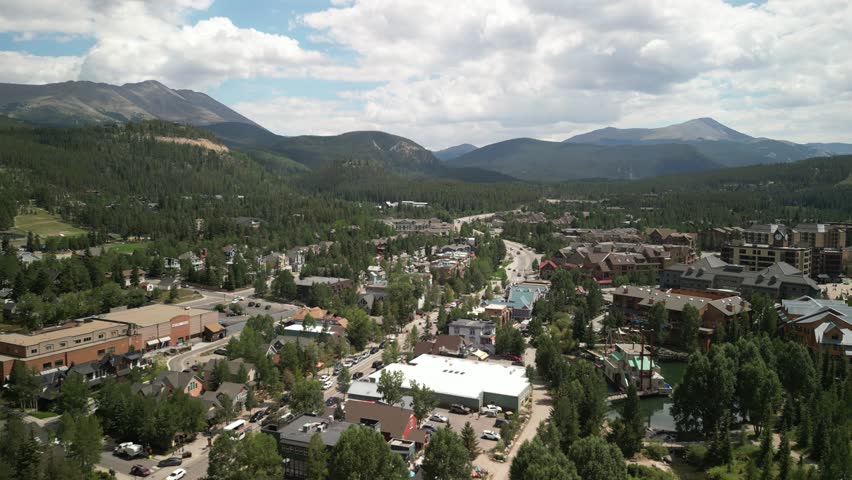 Aerial of downtown ski town Breckenridge Colorado in summertime