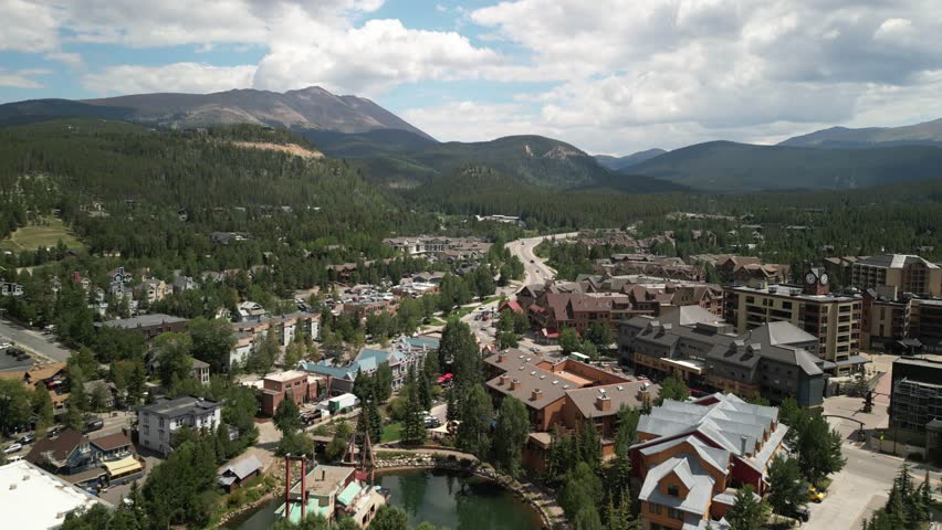 Aerial of Breckenridge Colorado ski town downtown in summertime