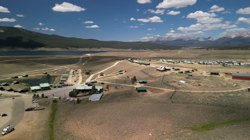 Aerial of Taylor Park trading post and campground and reservoir in Colorado
