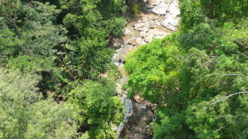 Aerial top-down view of a hidden creek in a dense jungle valley, Looking down on a rocky waterfall from the canopy, Unspoiled nature of a tropical rainforest stream