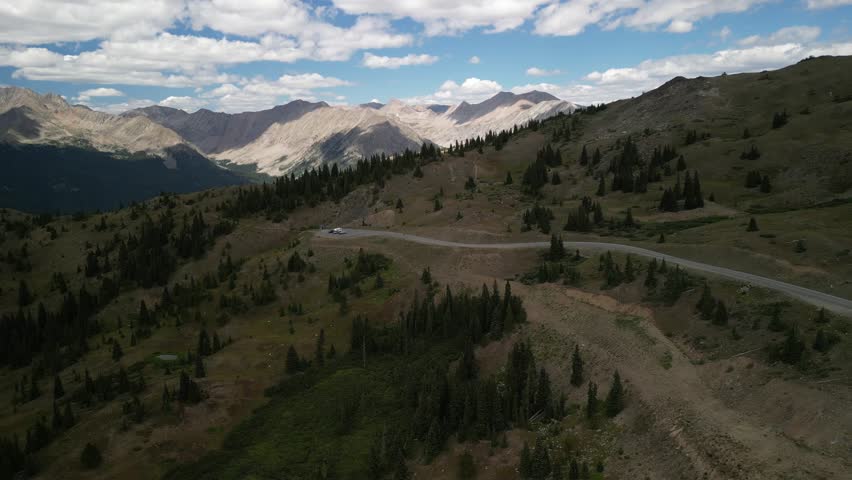 Aerial of trailhead parking lot on Cottonwood Pass in Colorado near Taylor Park