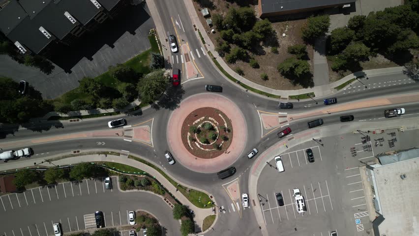 Top down aerial above roundabout in Breckenridge Colorado in summer