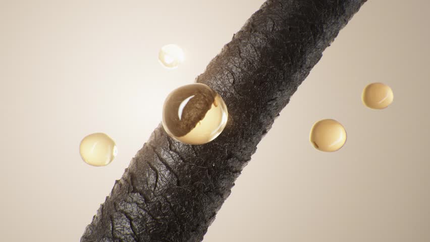 3d hair, shampoo or conditioner nourishes hair, essence makes it soft, shiny and smooth, nourishing hair process, concept shampoo and hair care advertising, 3D animation.	