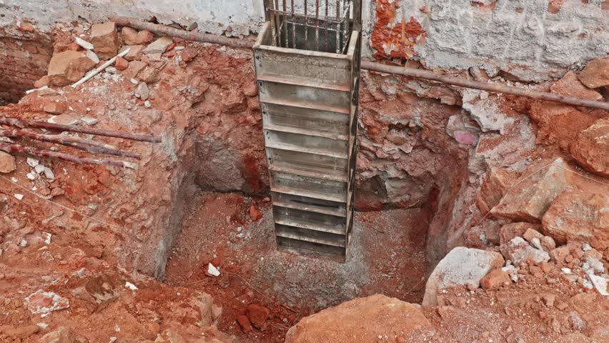 Top view of curing water on footing layout at construction site. day time, tilt down shot, 4k.