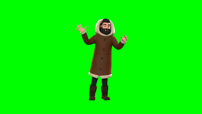 3D animation of Norell, an Eskimo character, talking on green screen, ideal for diverse digital asset projects, presentations, and creative video content needs.