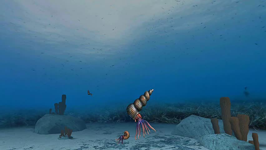 3D animation of ammonites in water showing their movement and ancient marine environment.