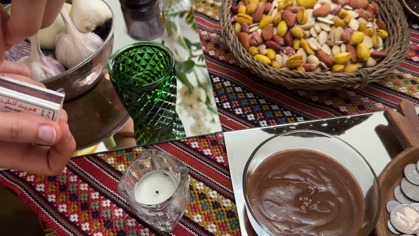 Samanu or Samanak is a sweet wheat-based dessert cook Nowruz traditional Persian New Year sprouted paste preparation serving haftsin vivid table decoration candle colorful Tehran scenic architecture
