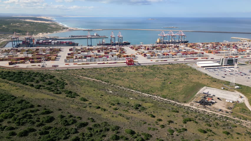 Aerial of cargo ships docking at the deep-water port at Coega in the Eastern Cape of South Africa