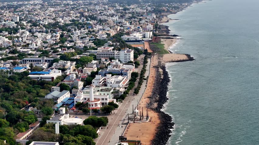 Aerial view of Promenade Beach in Puducherry. The area shown is part of the city's "White Town" or French Quarter. This district is famous for its well-preserved French colonial architecture
