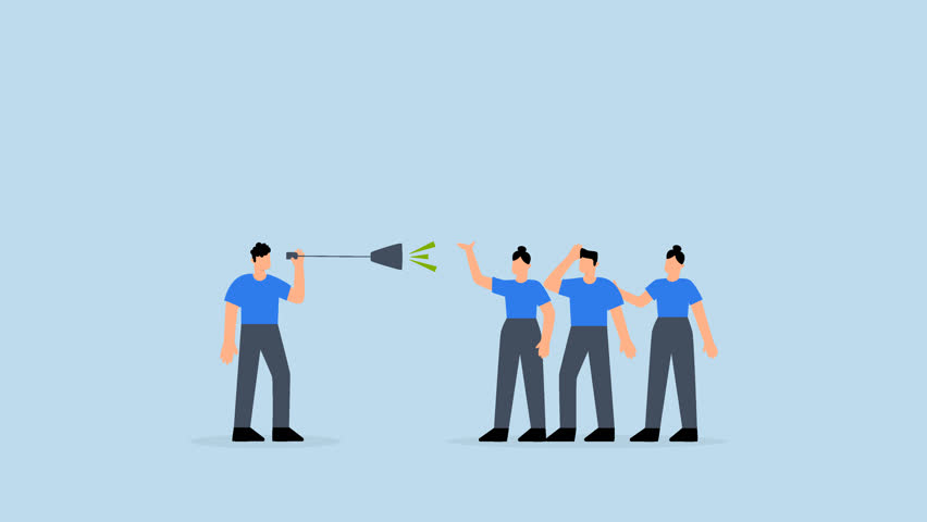 Effective communication, 4k animation of business manager talking to a team through megaphone in clear discussion meeting
